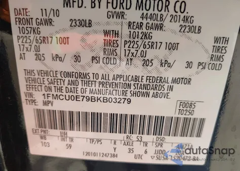 2011 Ford Escape Limited from USA, damaged, VIN 1FMCU0E79BKB03279